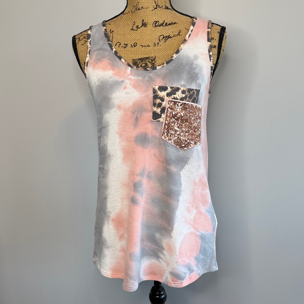 Lovely Melody Pink/Grey/White Tie-Dye Tank with Leopard & Sequin details, NWT